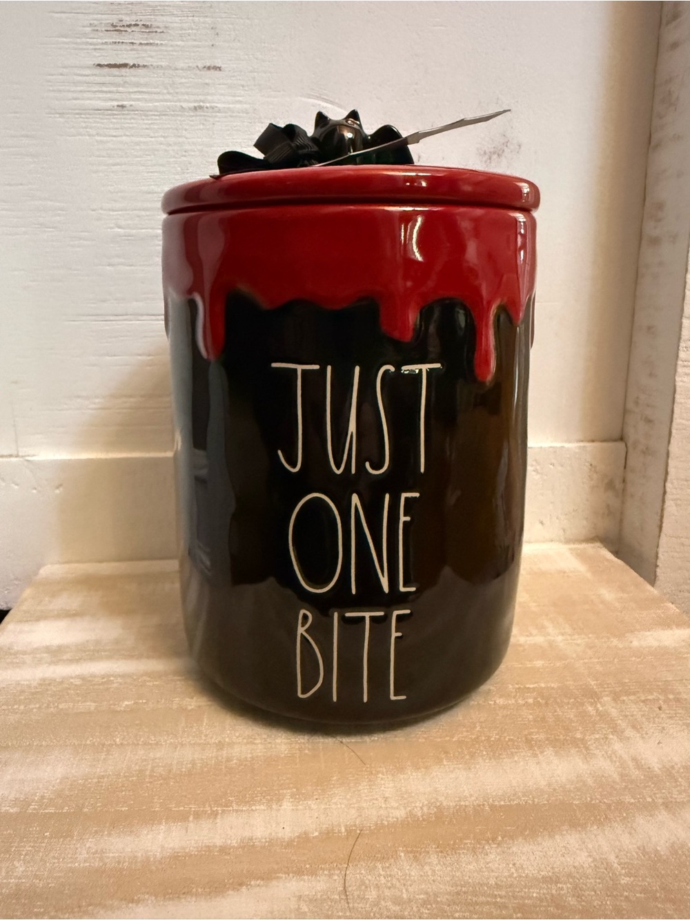 Rae Dunn Ceramic Treat Jar "Just One Bite" in Black and Red